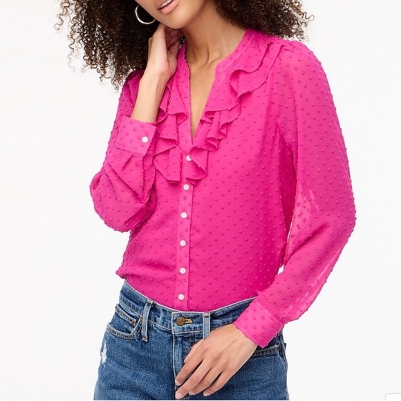 J. Crew Woman’s Large clip-dot ruffle button-up shirt in brilliant plum NWOT - Picture 3 of 4